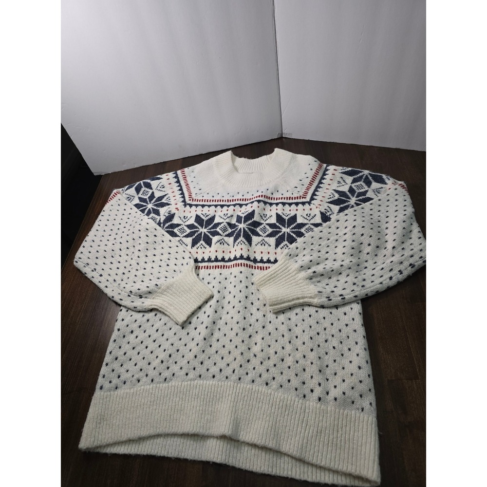Abercrombie & Fitch Womens Fair Isle Snowflake Sweater Cream Navy Red Small